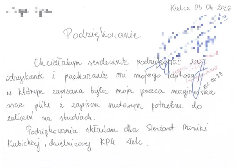 Laptop odzyskany i zwrócony właścicielce – podziękowania dla policjantki z Kielc