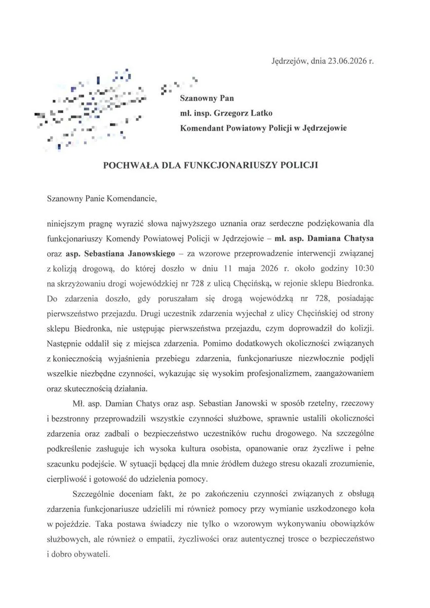 Podziękowania dla funkcjonariuszy Wydziału Ruchu Drogowego z Jędrzejowa
